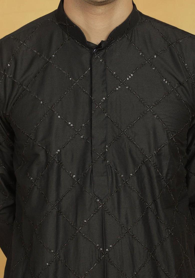 Black Floral Print Poly Blend Kurta For Men