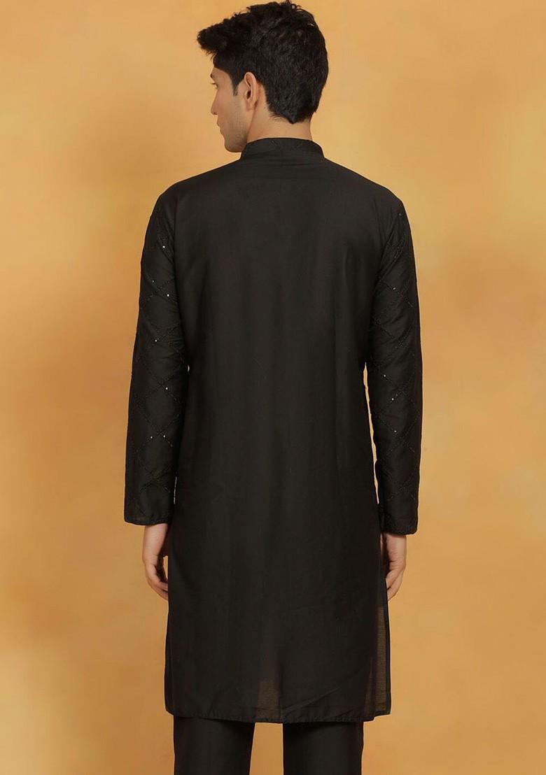 Black Floral Print Poly Blend Kurta For Men