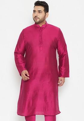 Fuchsia Pink Solid Poly Blend Kurta For Men