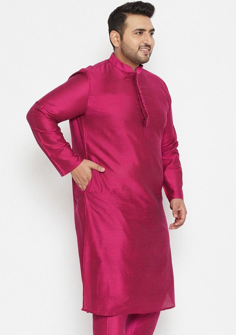 Fuchsia Pink Solid Poly Blend Kurta For Men