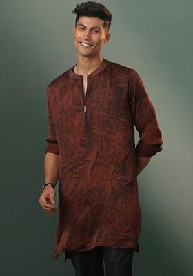 Coffee Brown Abstract Print Cotton Kurta For Men
