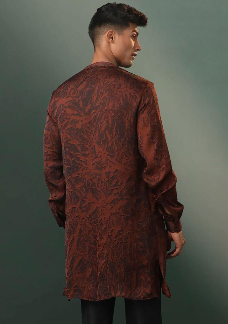 Coffee Brown Abstract Print Cotton Kurta For Men
