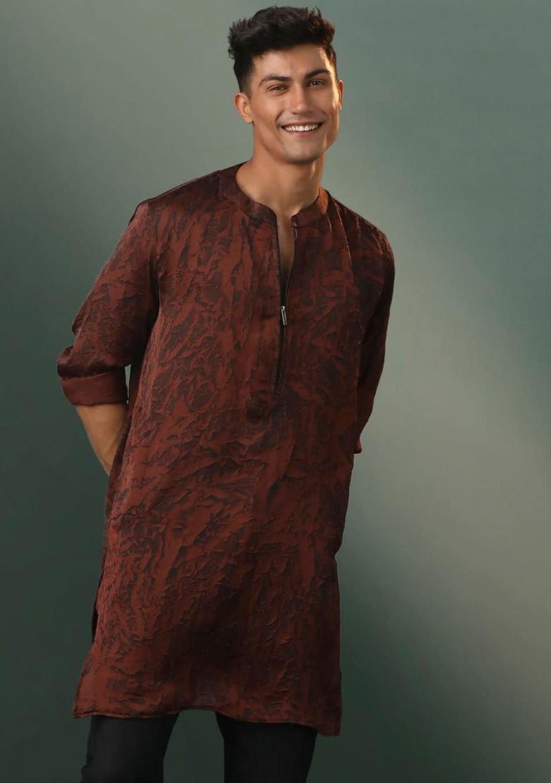 Coffee Brown Abstract Print Cotton Kurta For Men