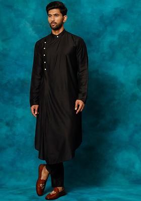 Black Solid Poly Blend Kurta For Men