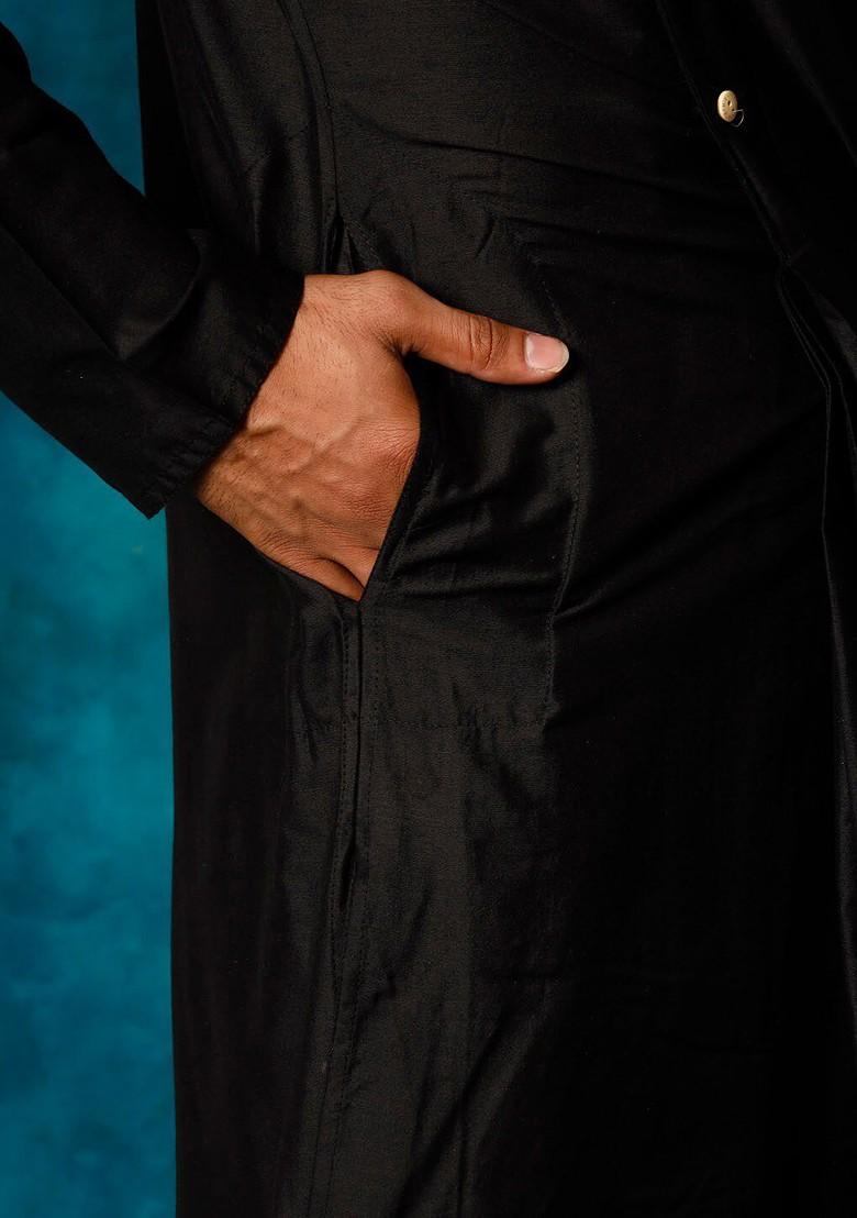 Black Solid Poly Blend Kurta For Men