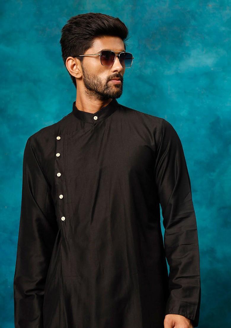 Black Solid Poly Blend Kurta For Men