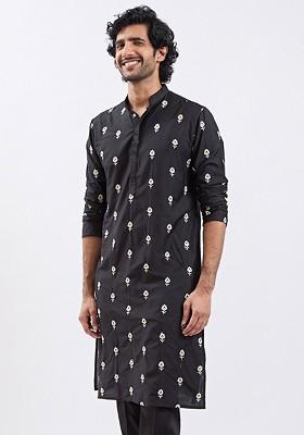 Black Floral Print Cotton Kurta For Men