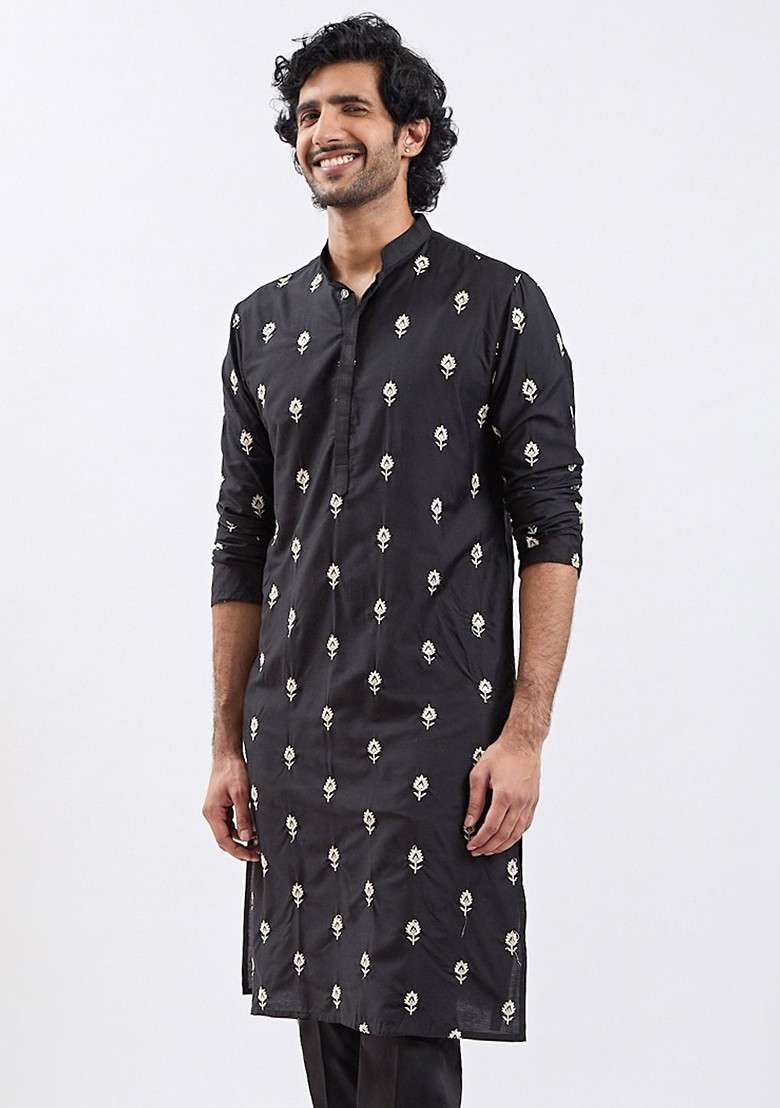 Black Floral Print Cotton Kurta For Men - Indya