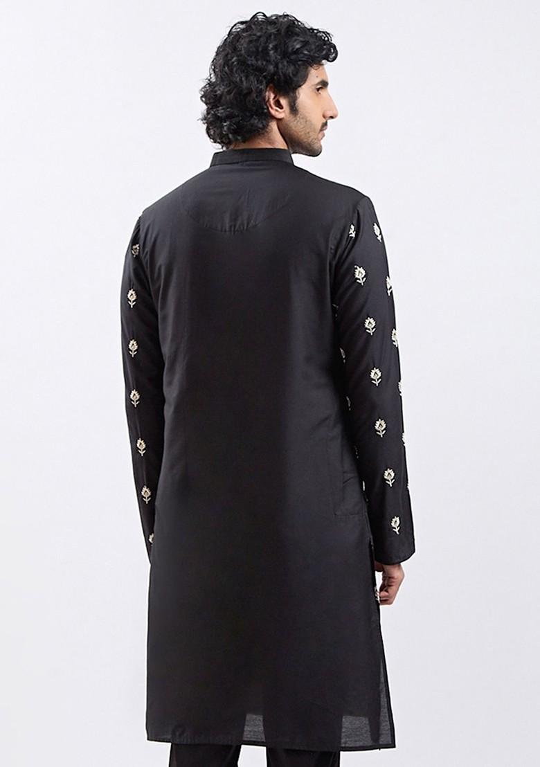 Black Floral Print Cotton Kurta For Men