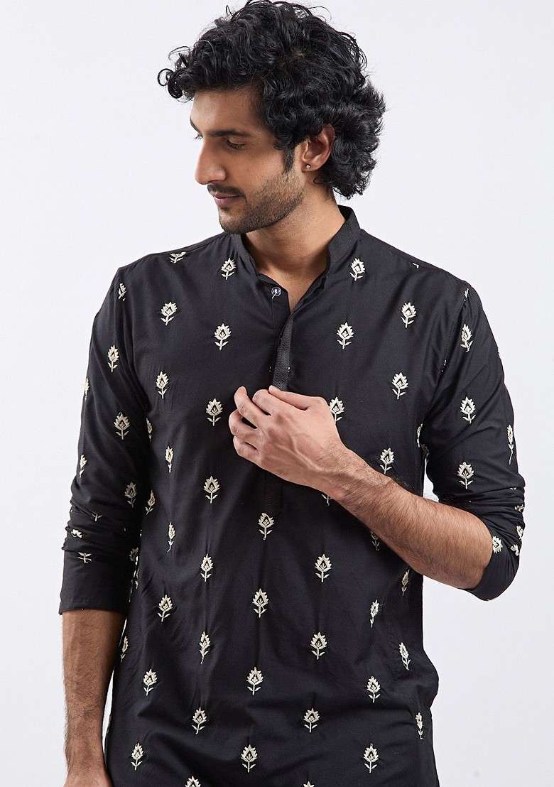 Black Floral Print Cotton Kurta For Men - Indya