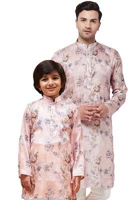 Pink Floral Print Poly Blend Kurta For Men