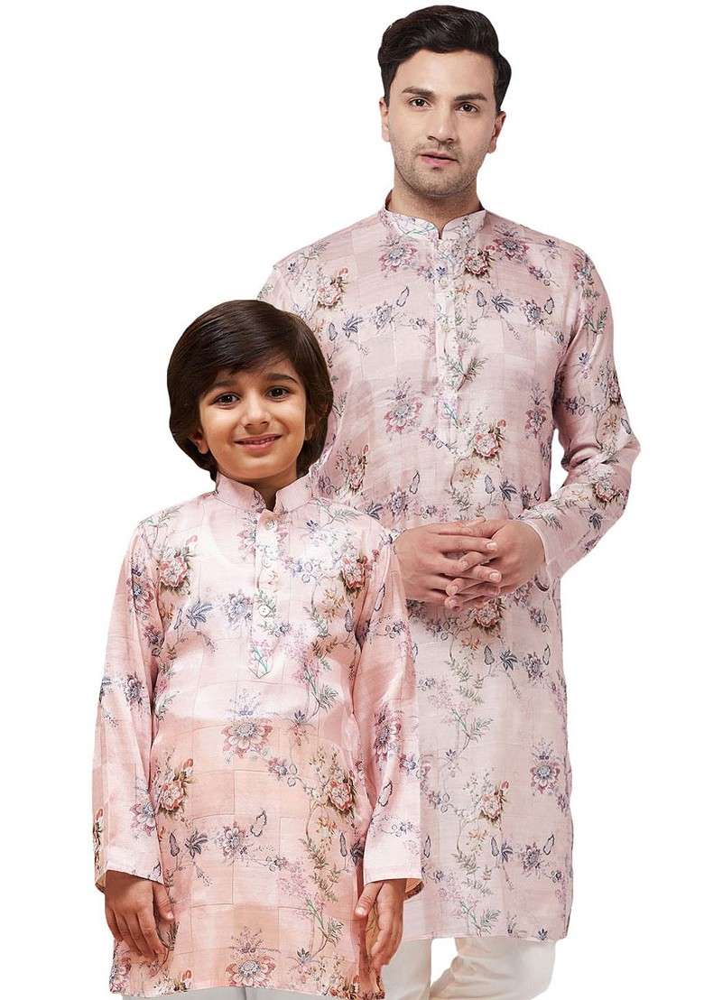 Pink Floral Print Poly Blend Kurta For Men - Indya