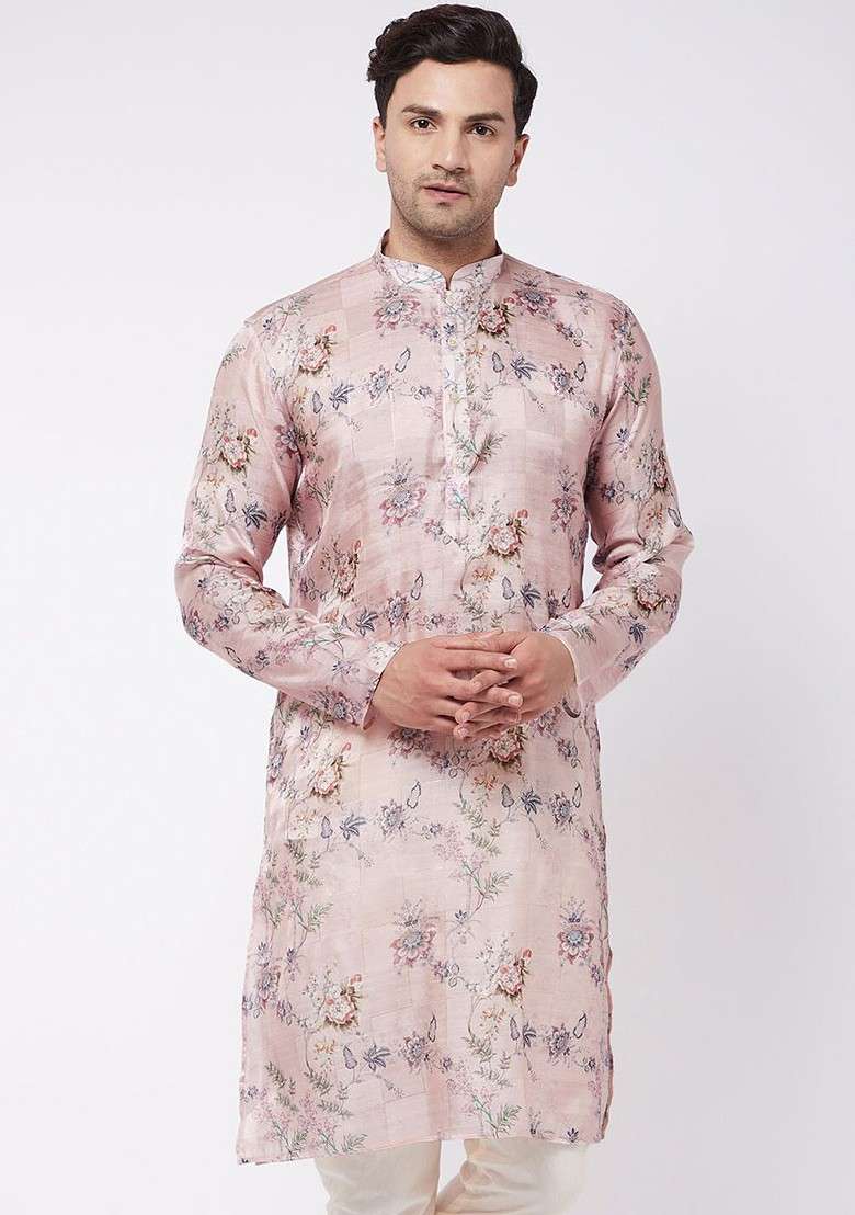 Pink Floral Print Poly Blend Kurta For Men - Indya