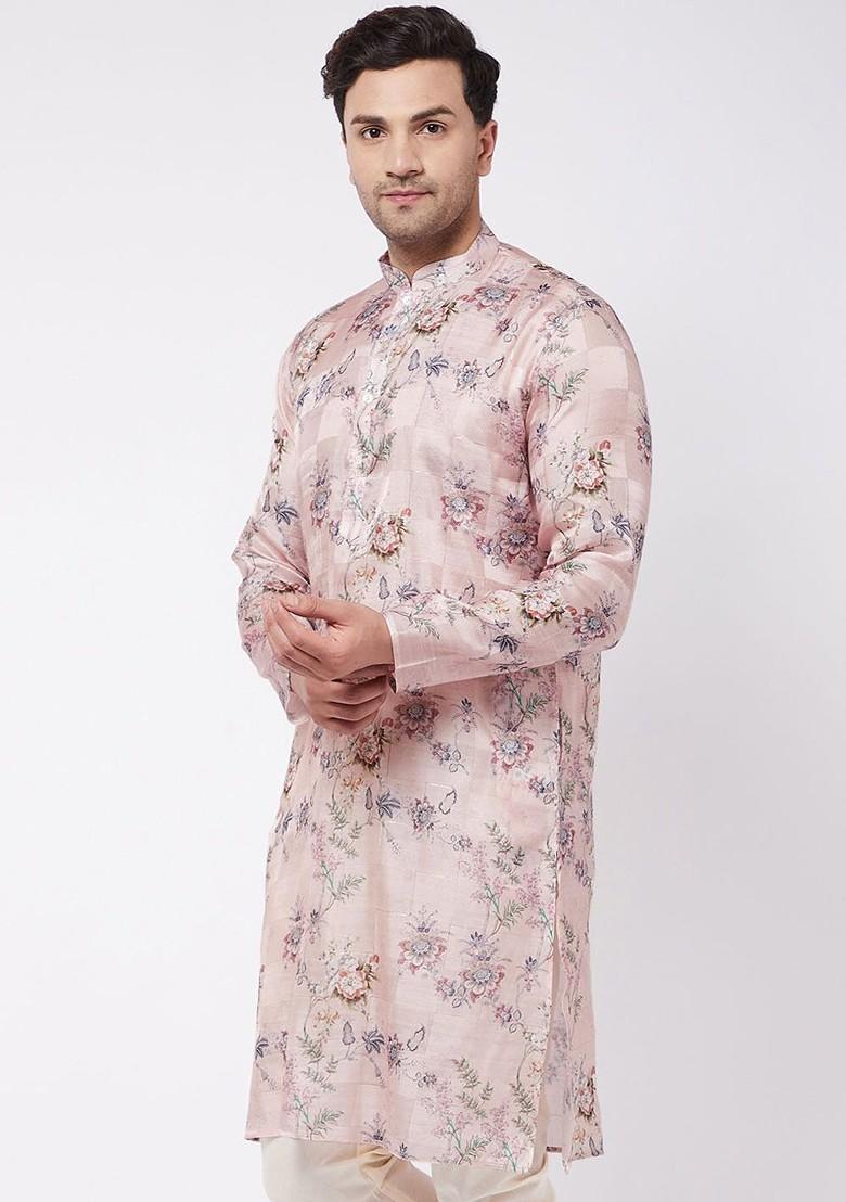 Pink Floral Print Poly Blend Kurta For Men