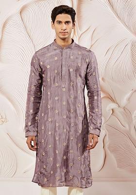 Lavender Floral Print Silk Kurta For Men