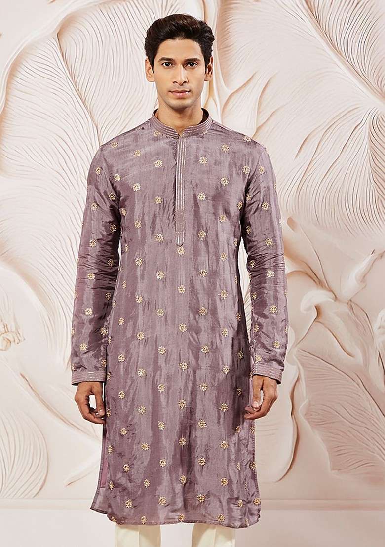 Lavender Floral Print Silk Blend Kurta For Men - Indya