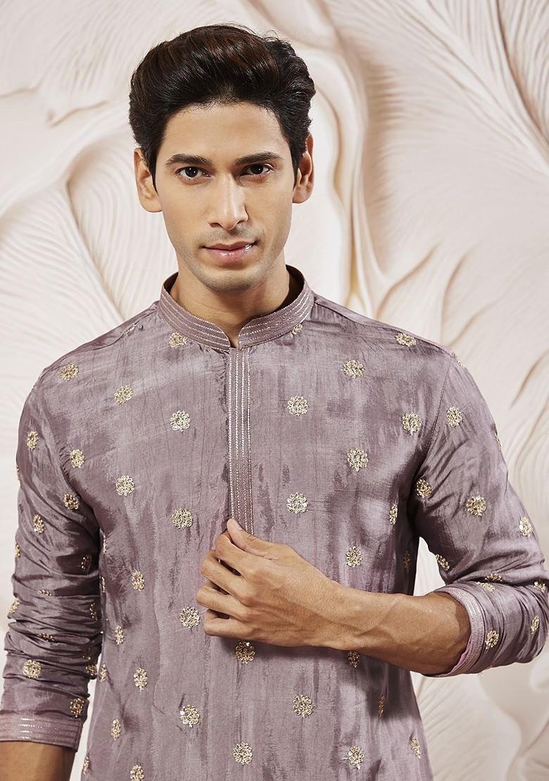 Lavender Floral Print Silk Kurta For Men