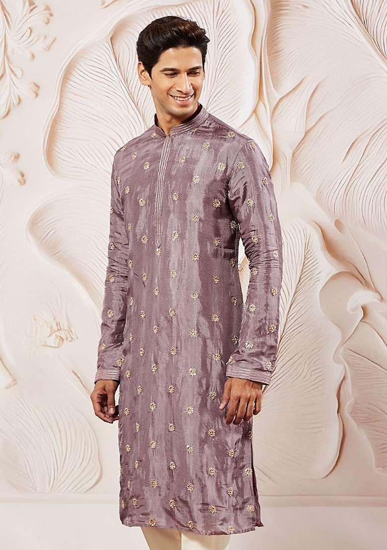 Lavender Floral Print Silk Blend Kurta For Men - Indya