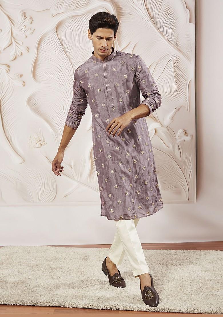 Lavender Floral Print Silk Kurta For Men