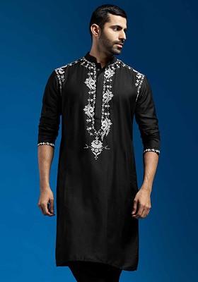 Black Floral Print Poly Blend Kurta For Men