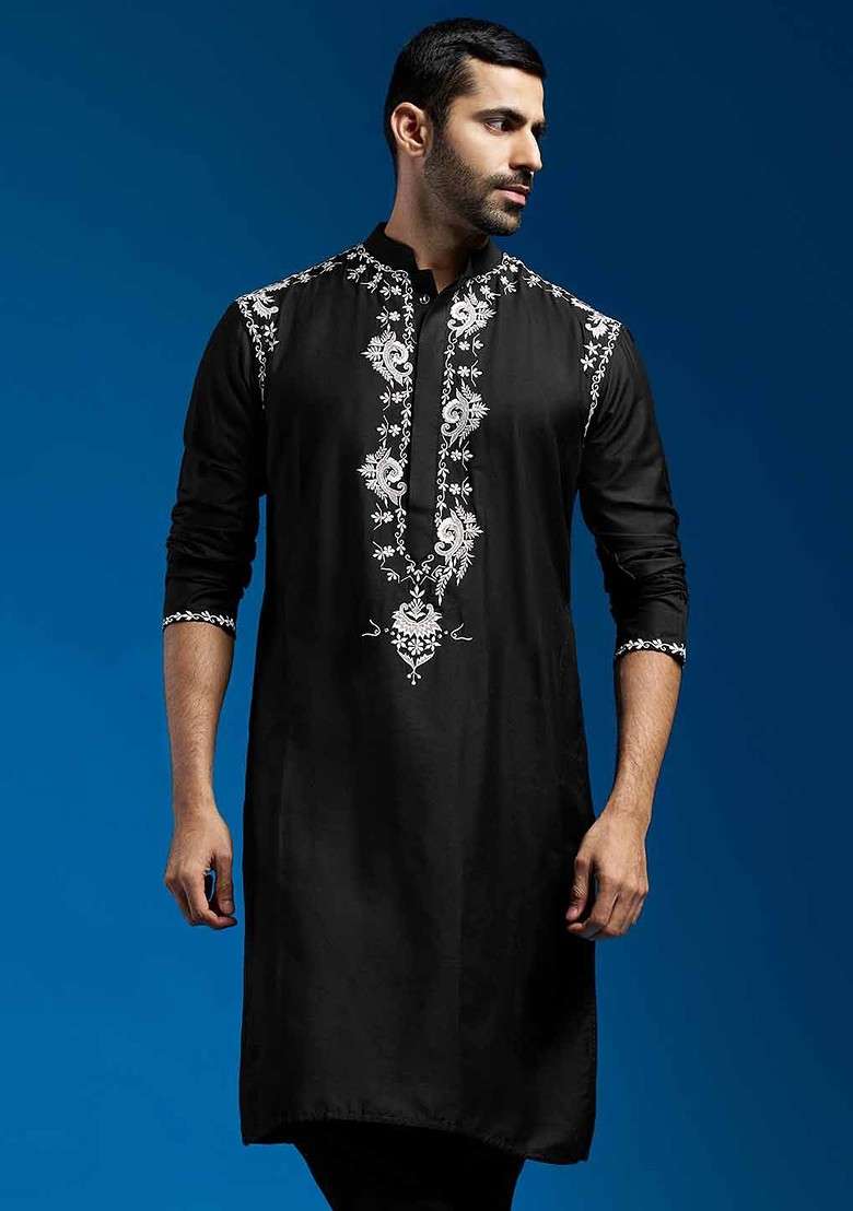 Black Floral Print Poly Blend Kurta For Men - Indya