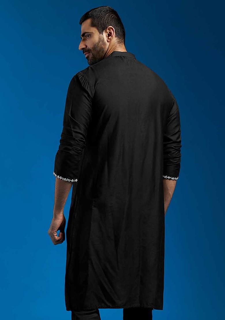 Black Floral Print Poly Blend Kurta For Men