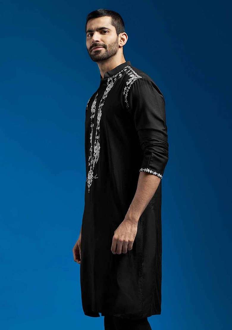 Black Floral Print Poly Blend Kurta For Men - Indya