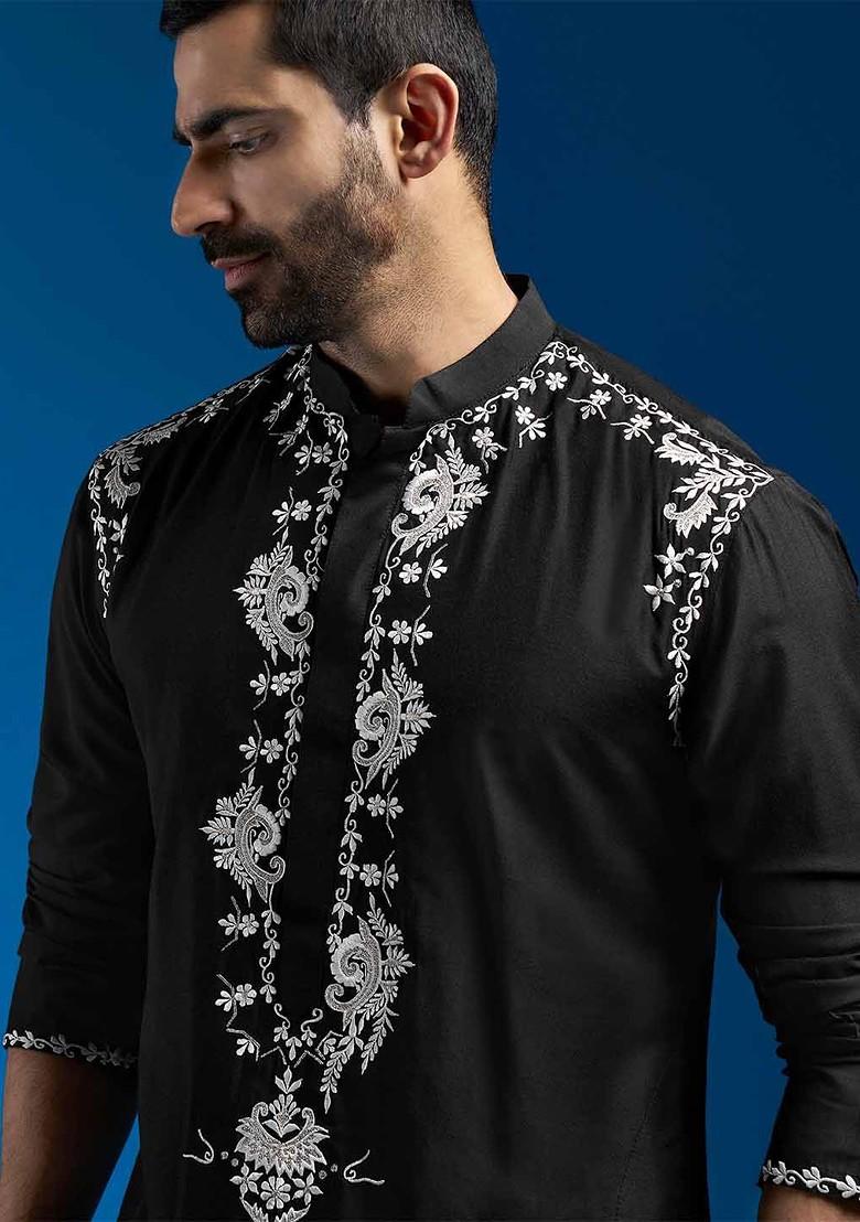 Black Floral Print Poly Blend Kurta For Men