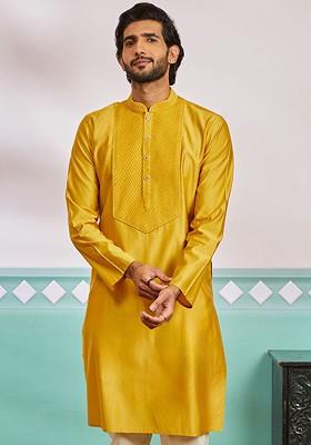 Mustard Geometric Print Poly Blend Kurta For Men