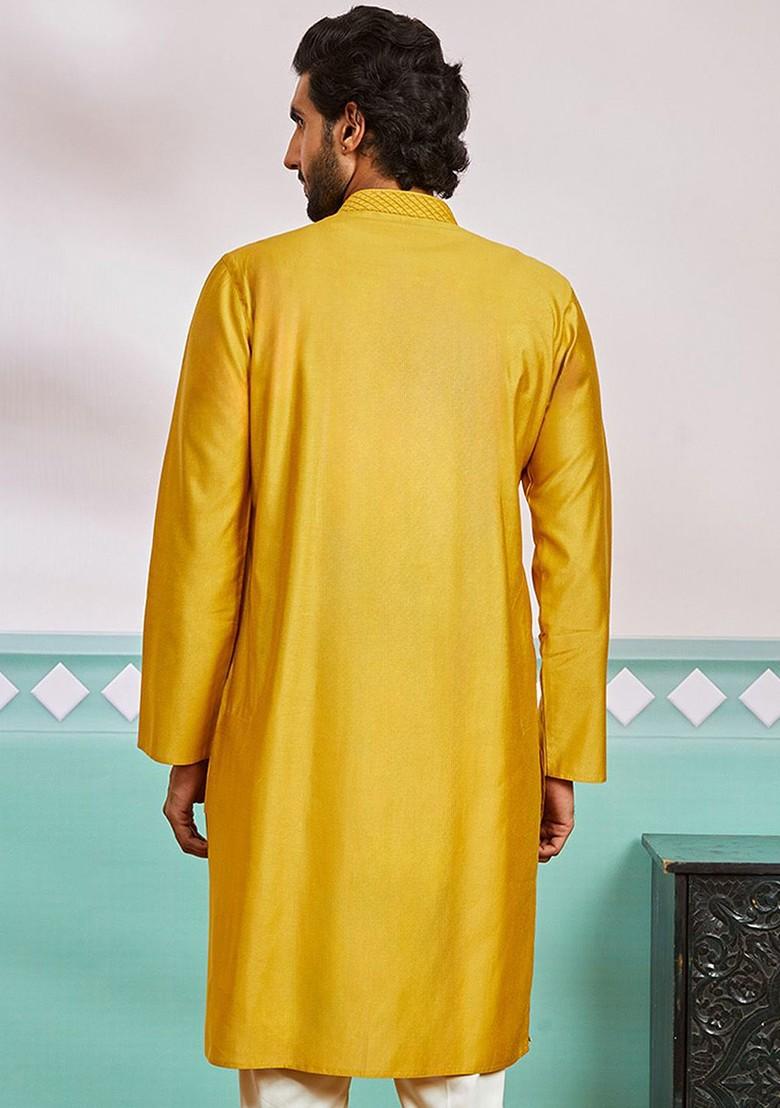 Mustard Geometric Print Poly Blend Kurta For Men