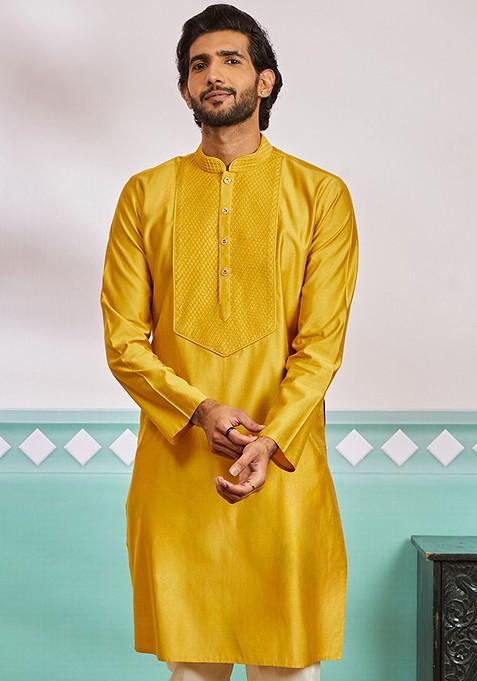 Mustard Geometric Print Poly Blend Kurta For Men — view on Indya