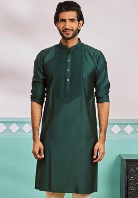 Green Solid Poly Blend Kurta For Men