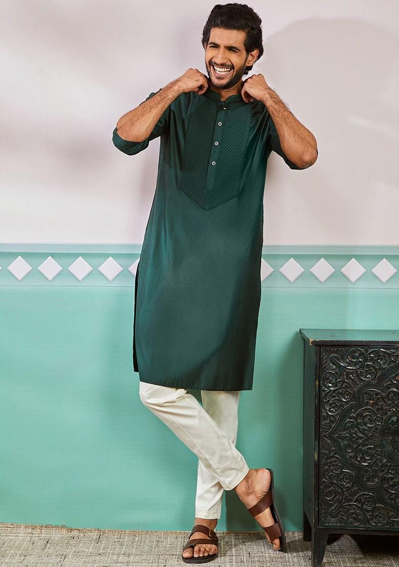 Green Solid Poly Blend Kurta For Men