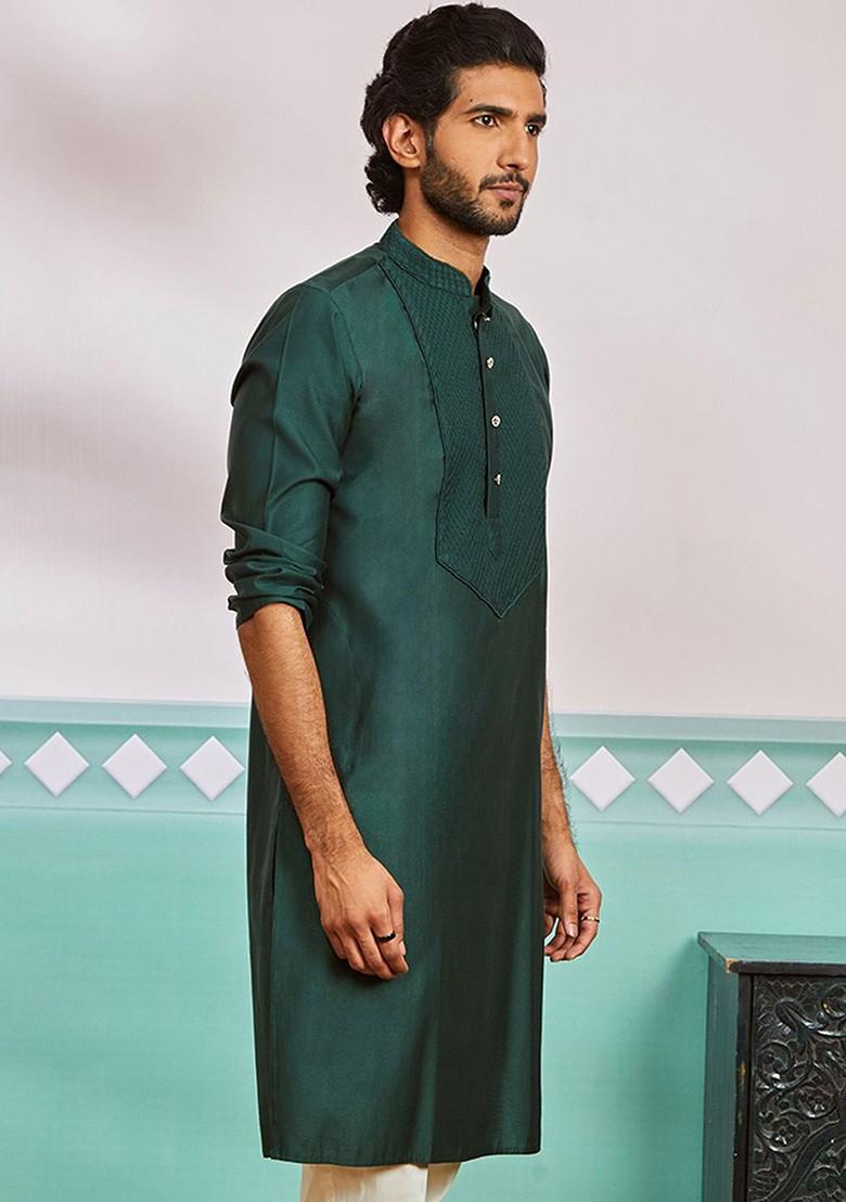 Green Solid Poly Blend Kurta For Men