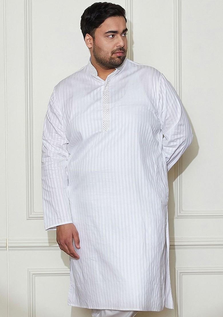 White Solid Jacquard Kurta For Men