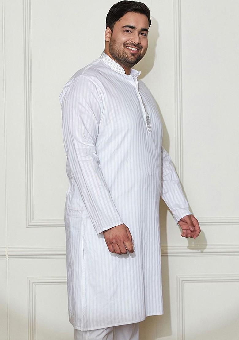 White Solid Jacquard Kurta For Men
