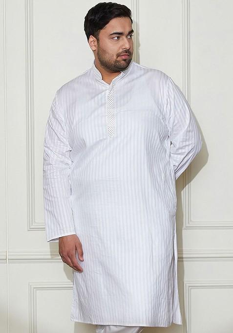 White Solid Jacquard Kurta For Men — view on Indya