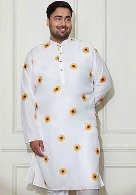 White Printed Poly Blend Kurta For Men