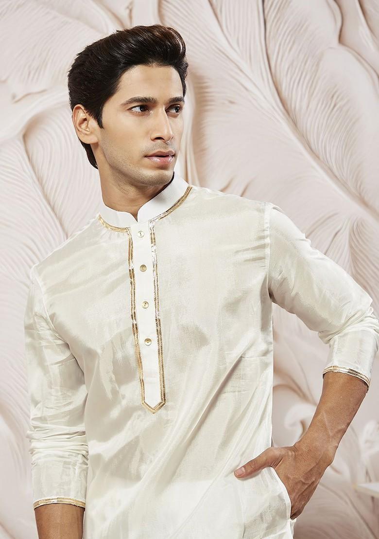 White Sequin Work Silk Kurta For Men