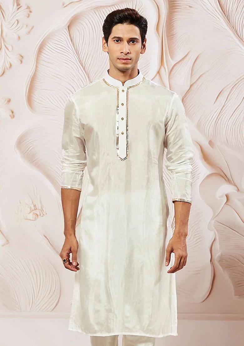 White Sequin Work Silk Kurta For Men