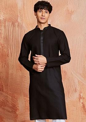 Black Thread Work Jacquard Kurta For Men