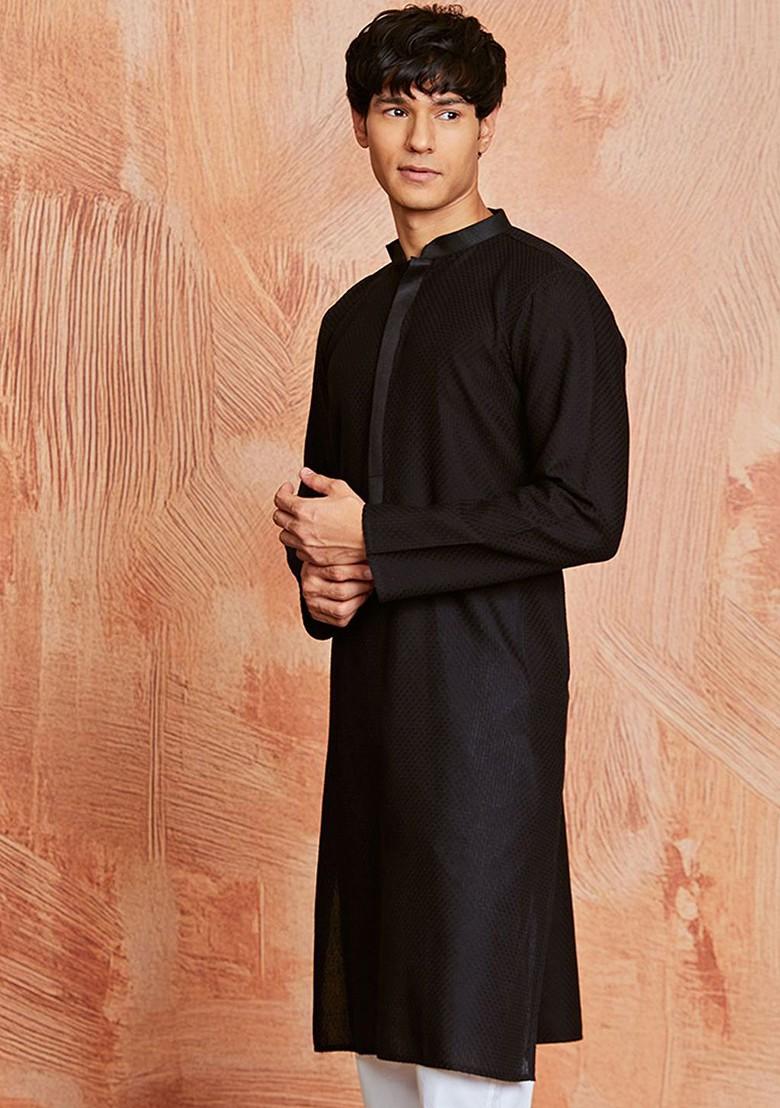 Black Thread Work Jacquard Kurta For Men