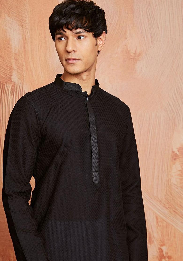 Black Thread Work Jacquard Kurta For Men