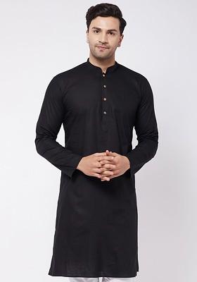 Black Solid Poly Blend Kurta For Men