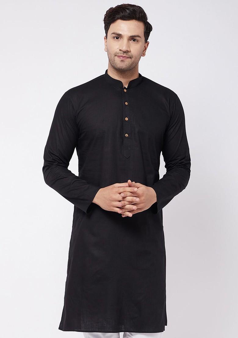 Black Solid Poly Blend Kurta For Men