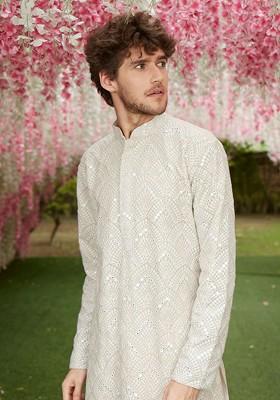 Grey Ethnic Motifs Georgette Kurta For Men