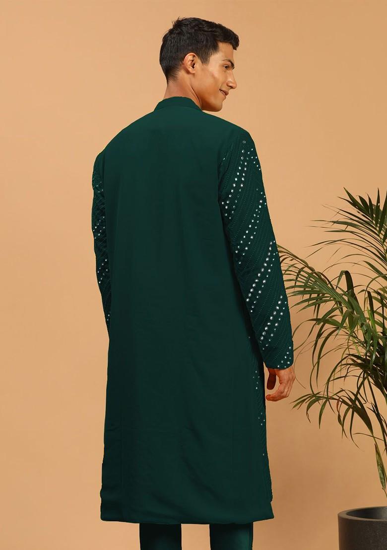 Green Mirror Work Georgette Kurta For Men