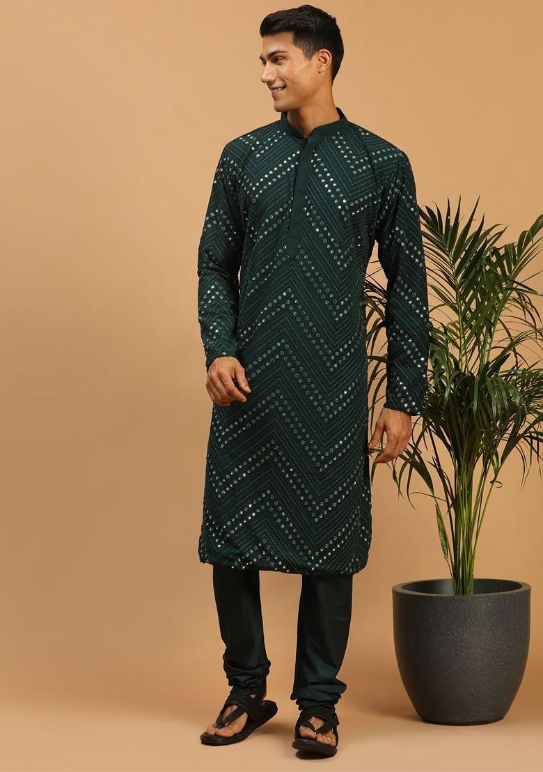 Green Mirror Work Georgette Kurta For Men