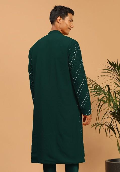 Green Mirror Work Georgette Kurta For Men