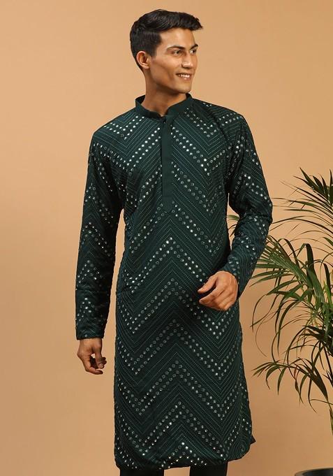 Green Mirror Work Georgette Kurta For Men